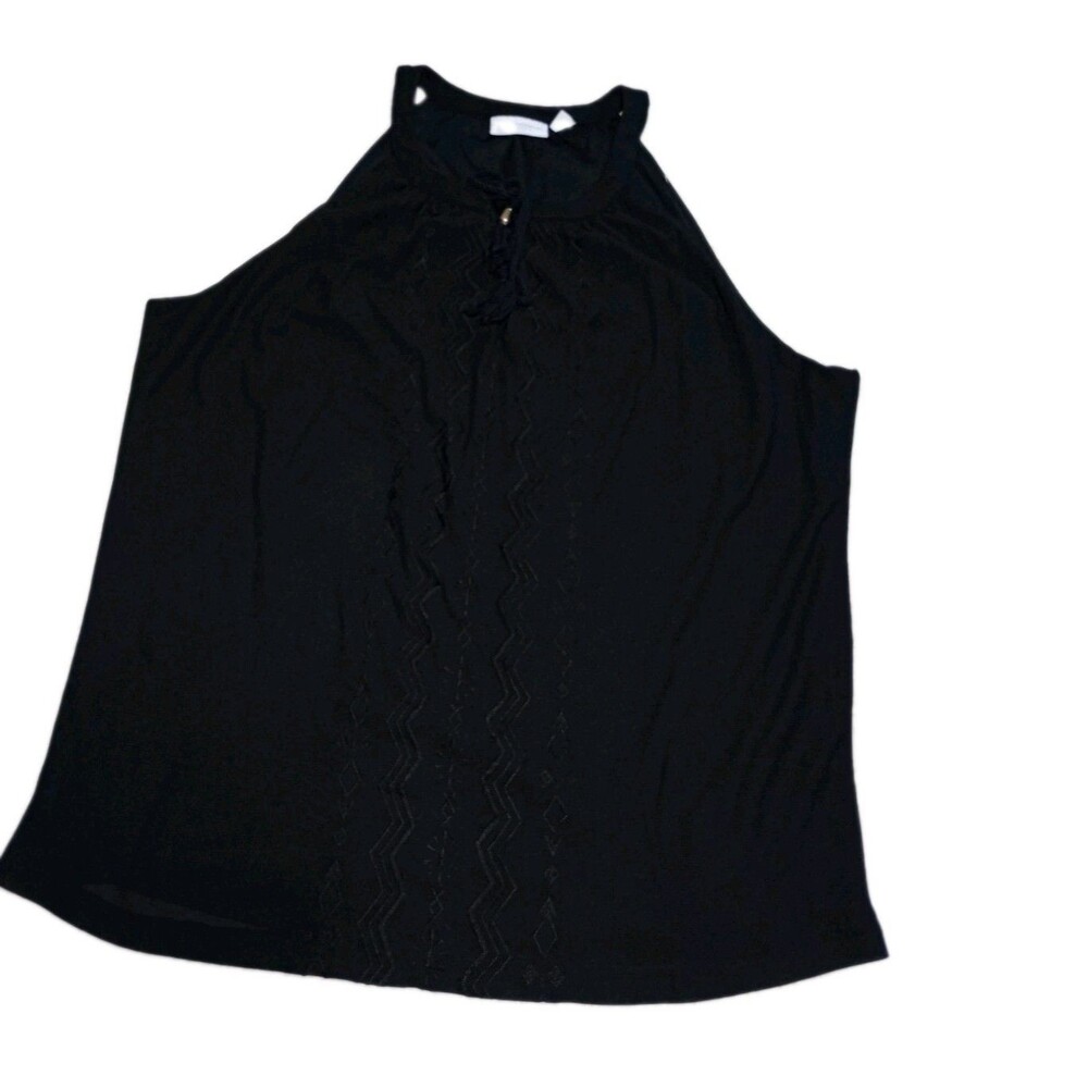 New York & Company Womens Black Tank Top Embroidered Boho Halter Tassel M